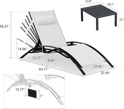 PURPLE LEAF Patio Oversized Chaise Lounge with 15FT Umbrella Outdoor Lounge Chair Beach Pool Sunbathing Lawn Lounger, Base and Side Table Included, White