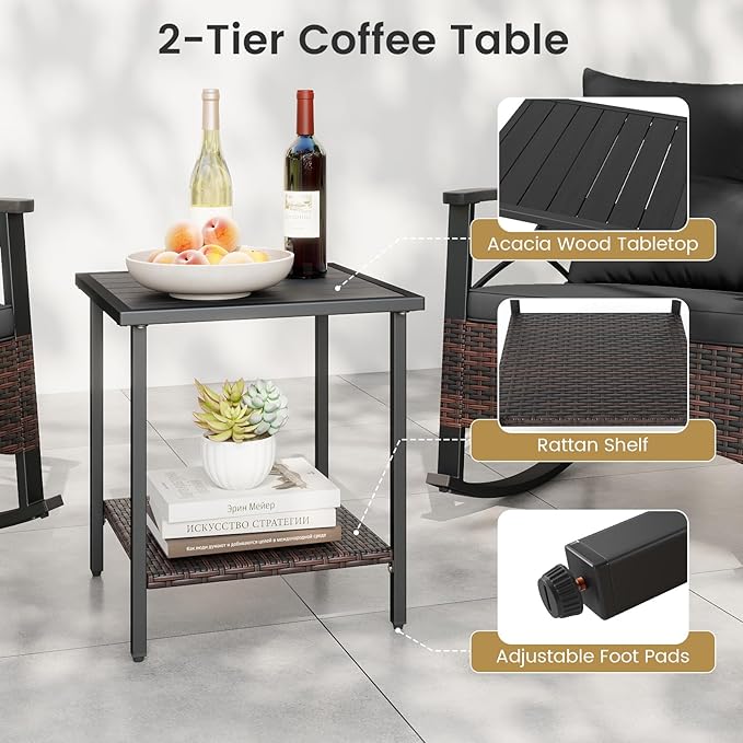 ORALNER 3-Piece Wicker Rocking Chair Set, Outdoor Cushioned Rocker and Acacia Wood Side Table, 400lbs Capacity, PE Rattan Patio Conversation Bistro Set for Porch, Garden, Deck, Poolside, Yard (Black)