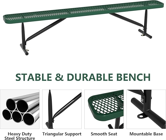 8FT Outdoor Bench, Metal Park Bench for Sitting Area Convert a Bench Heavy-Duty School Benches Commercial Rectangular Bench for Patio Porch Backyard Sports Church Locker Room Shopping Centers