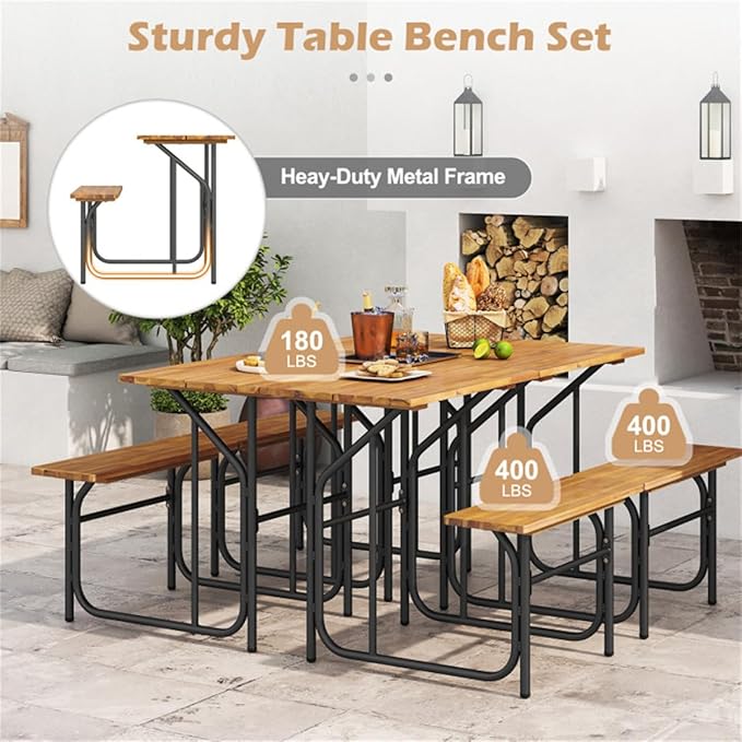 Acacia Wood Outdoor Table and Bench Set, Table and Chairs Set for Garden Picnic, Patio Furniture Set, Outdoor Bench Garden Benchs Park Benchs for Pool Beachs Backyard
