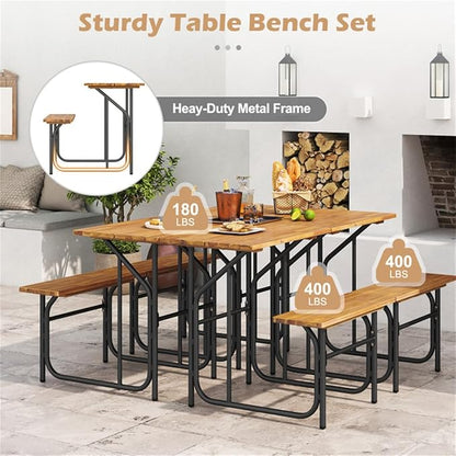 Acacia Wood Outdoor Table and Bench Set, Table and Chairs Set for Garden Picnic, Patio Furniture Set, Outdoor Bench Garden Benchs Park Benchs for Pool Beachs Backyard