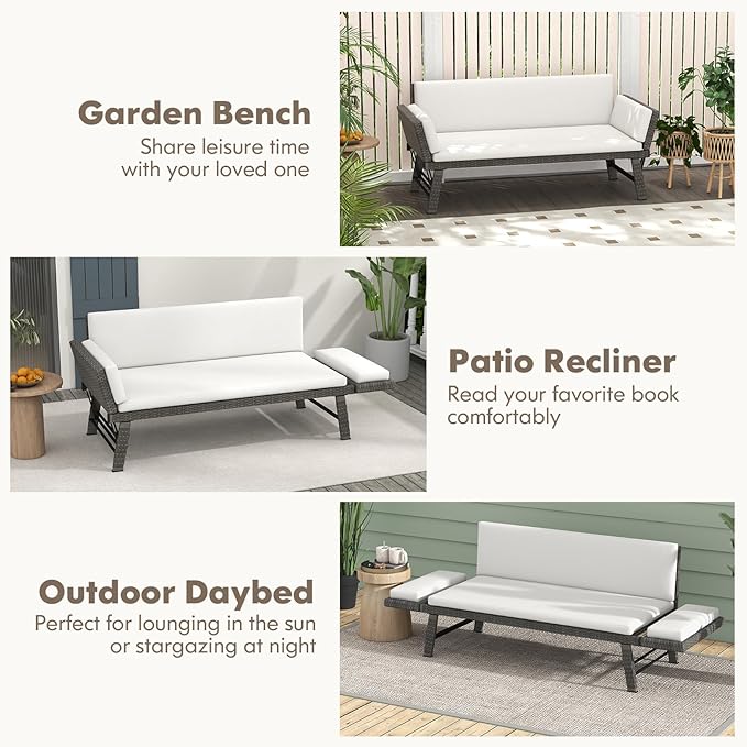 Tangkula Outdoor Convertible Sofa Daybed with Adjustable Armrests, PE Rattan Patio Couch Furniture with Removable Cushions, Patio Chaise Lounge Loveseat for Porch, Balcony, Backyard, Poolside