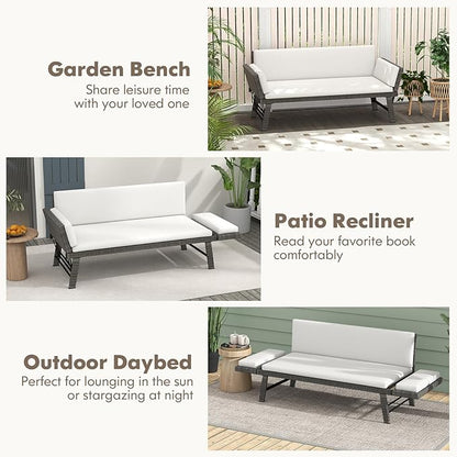 Tangkula Outdoor Convertible Sofa Daybed with Adjustable Armrests, PE Rattan Patio Couch Furniture with Removable Cushions, Patio Chaise Lounge Loveseat for Porch, Balcony, Backyard, Poolside