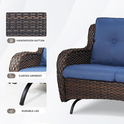 Patio Loveseat Wicker Loveseat Rattan Glider Sofa with Curved Armrest Thicking Back & Seat Cushions for Garden Balcony Backyard Brown Wicker|Blue Cushions (A) Patio Loveseat Glider