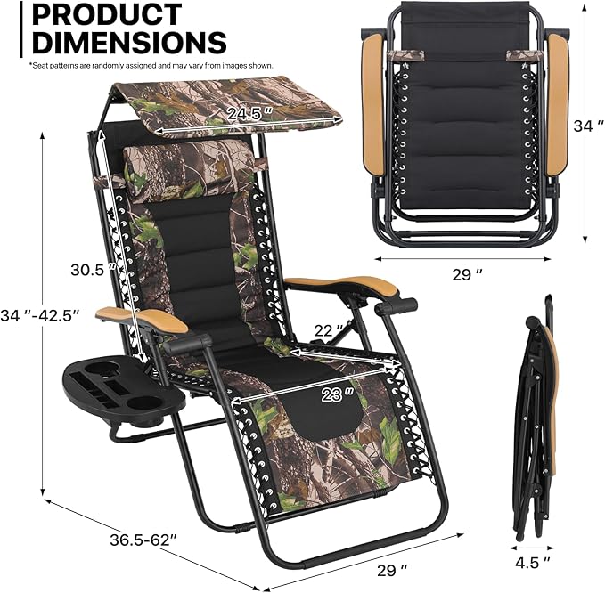MoNiBloom 29-Inch Oversized Zero Gravity Chairs Set of 2, Patio Anti Gravity Recliner with Canopy Shade, XL Foldable Outdoor Lounger with Cup Holder Tray for Beach Camping, Jungle