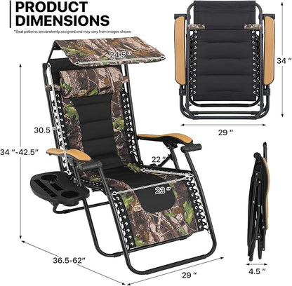 MoNiBloom 29-Inch Oversized Zero Gravity Chairs Set of 2, Patio Anti Gravity Recliner with Canopy Shade, XL Foldable Outdoor Lounger with Cup Holder Tray for Beach Camping, Jungle