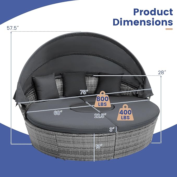 HAPPYGRILL Rattan Daybed with Canopy, Outdoor Wicker Round Daybed Patio Seating with Cushions & Adjustable Side Table - Photo 9