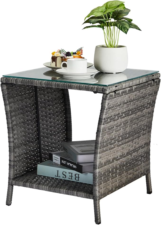 VINGLI Outdoor Wicker Side Table Patio Side Tables for Outside, Tempered Glass Top Wicker Table with Storage End Table for Balcony Porch Deck (Grey)