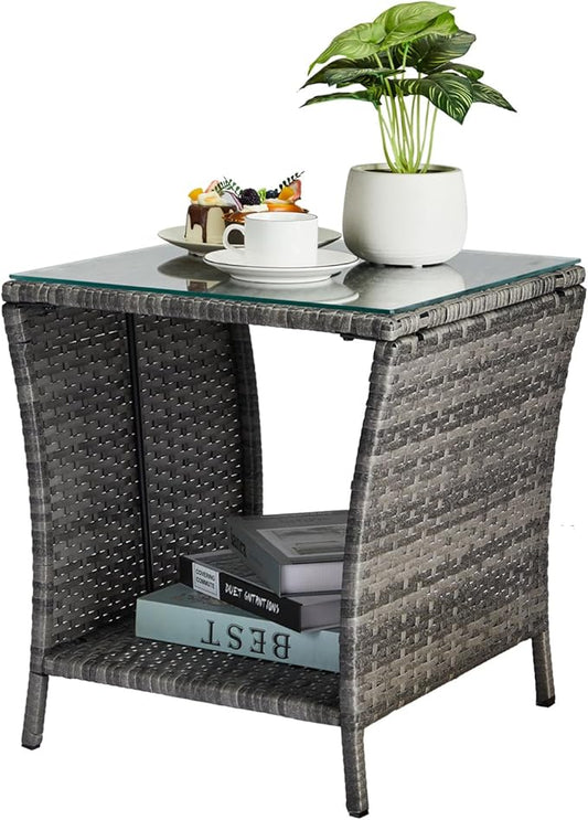 VINGLI Outdoor Wicker Side Table Patio Side Tables for Outside, Tempered Glass Top Wicker Table with Storage End Table for Balcony Porch Deck (Grey)