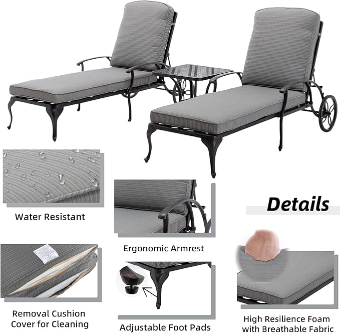 Chaise Lounge Outdoor Chair with Side Table, Adjustable Reclining Rust-Resistant Aluminum Cast Poolside Chaise with Convenient Wheels, Outdoor Lounge Furniture Set of 3, (Grey)
