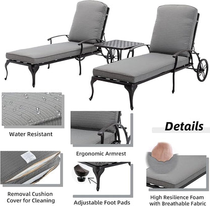 Chaise Lounge Outdoor Chair with Side Table, Adjustable Reclining Rust-Resistant Aluminum Cast Poolside Chaise with Convenient Wheels, Outdoor Lounge Furniture Set of 3, (Grey)