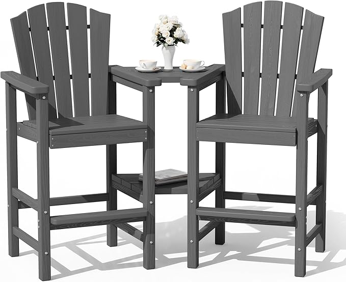 KINGYES Tall Adirondack Chair Set of 2, All-Weather HDPE Outdoor Adirondack Barstools with Removable Double Connecting Trays, High Airondack Chair with Wood Grain, Embossed Balcony Chair, Gray