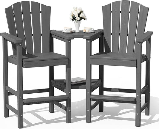 KINGYES Tall Adirondack Chair Set of 2, All-Weather HDPE Outdoor Adirondack Barstools with Removable Double Connecting Trays, High Airondack Chair with Wood Grain, Embossed Balcony Chair, Gray