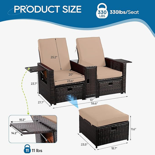 5PCS Outdoor Wicker Chaise Lounge Chair - Rattan Adjustable Reclining Patio Lounge Chair with Ottoman and Coffee Table, for Patio Beach Pool Backyard (Brown Wicker Khaki Cushion)