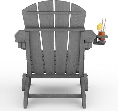 Folding Adirondack Chair Set of 6, All-Weather HDPE Outdoor Chair, Wooden Textured with Cup Holder for patios, Decks, Gardens, fire pits, Grey