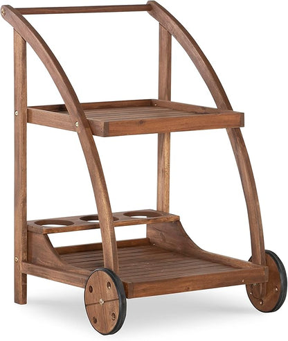 Linon Chandler Acorn Finished Acacia Wood Outdoor Bar Trolley with Three Bottle Glass Holders