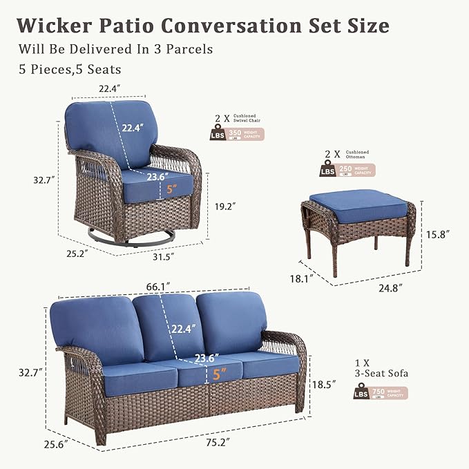 Patio Furniture Set with Fire Pit Table - 6 Pieces All-Weather Wicker Outdoor Furniture with High Back Swivel Chairs - Photo 5