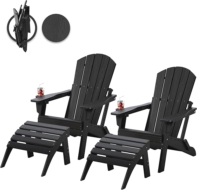 Folding Adirondack Chair Set of 2 with Cup Holders & Ottomans, HDPE All Weather Resistant Plastic Outdoor Patio Chairs - Photo 1