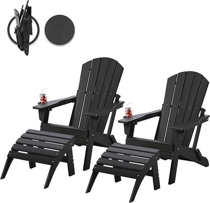 Folding Adirondack Chair Set of 2 with Cup Holders & Ottomans, HDPE All Weather Resistant Plastic Outdoor Patio Chairs, Heavy Duty Fire Pit Seating for Backyard Lawn Garden, Wooden Textured(Black)
