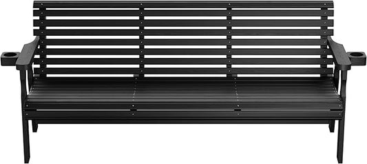 Amish Casual Heavy Duty 6 Foot Pressure Treated Outdoor Garden Bench in Semi Solid Black Stain with Cup Holders - Amish Crafted Roll Back Design, 700 Lb Weight Capacity