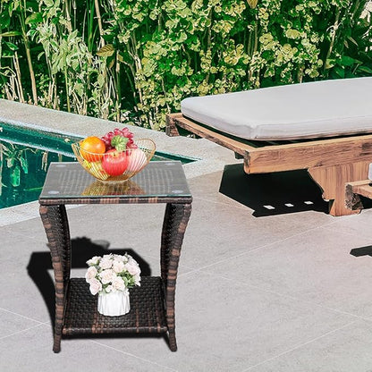 Wicker Rattan Side Table, Outdoor Square Rattan Coffee Table End Table Patio Wicker Table with Tempered Glass Top and Storage for Garden Porch Deck Backyard (Brown)