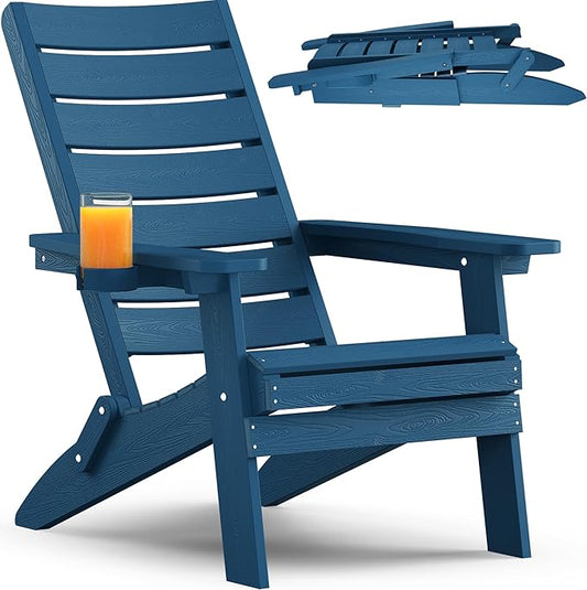 YEFU Oversized Folding Adirondack Chair: Plastic Outdoor Heavy Duty Fire Pit Chair with Comfort Arc Backrest & Cup Holder - All Weather HIPS Adirondack Chairs for Lawn Backyard Garden Navy
