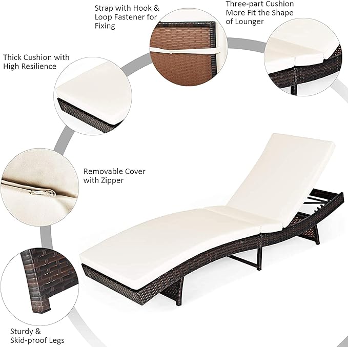 BETTARY Outdoor Folding Chaise Lounge, Rattan Patio Lounge Chair w/Removable Soft Cushion, 5 Adjustable Levels, Reclining Wicker Sunbed for Garden/Poolside/Balcony (1, White)