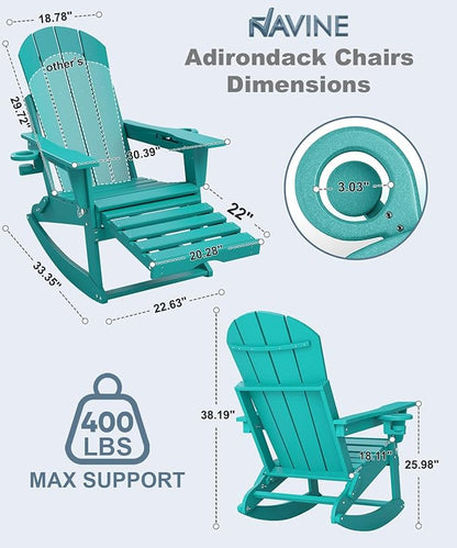 Adirondack Rocking Chairs Set of 4 with Retractable Ottoman, All Weather Folding Adirondack Chair with Two Cup Holders, Adirondack Outdoor Rocking Chairs for Porch, Patio, Balcony. Lake Blue