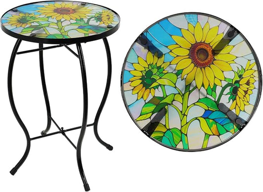Small Side Table with Metal Frame, 10.5" Round Side Tables with Sunflower Pattern,Outdoor Table for Balcony,Terrace,Garden,Living Room