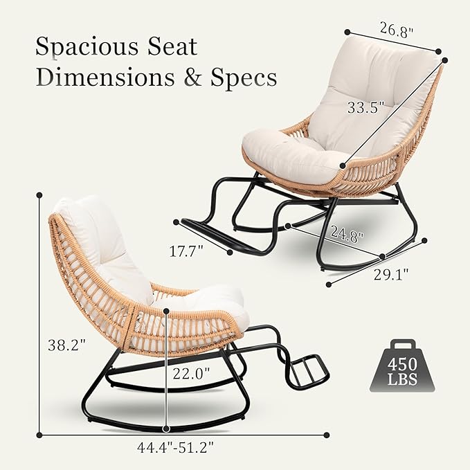 Outdoor Papasan Rocking Chair with Adjustable Footrest, Comfy Outdoor Lounge Chairs Heavy Duty Oversized Rocking Egg Chair Perfect for Patio Deck Garden and Indoor Use
