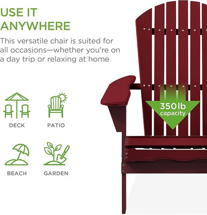 Best Choice Products Folding Adirondack Chair Outdoor Wooden Accent Furniture Fire Pit Lounge Chairs for Yard, Garden, Patio w/ 350lb Weight Capacity - Deep Red