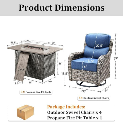 Luxury High Back Patio Furniture Set with Fire Pit Table and 6-Inch Thick Cushions, 5-Pieces Outdoor Furniture 4 Swivel Chairs, Wicker Conversation Set for Porch, Balcony, Deck and Yard, Grey/Blue