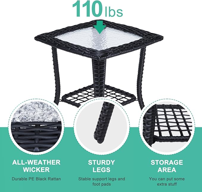 Outdoor Wicker Side Table, Rattan End Table with Glass Top - Photo 6
