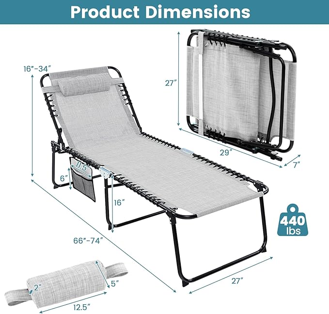 Goplus Chaise Lounge Chair Outdoor, Extra Large Folding 5-Postion Beach Lounger with Detachable Pillow, Side Pocket - Photo 3