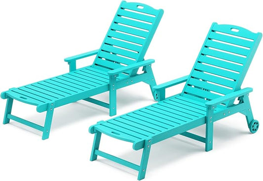 LUE BONA HDPS Chaise Lounge Chair Set of 2, Outdoor Pool Lounge Chairs with Adjustable Backrest, Resin Patio Lounge Chairs with Wheels for Outside, Aruba Blue