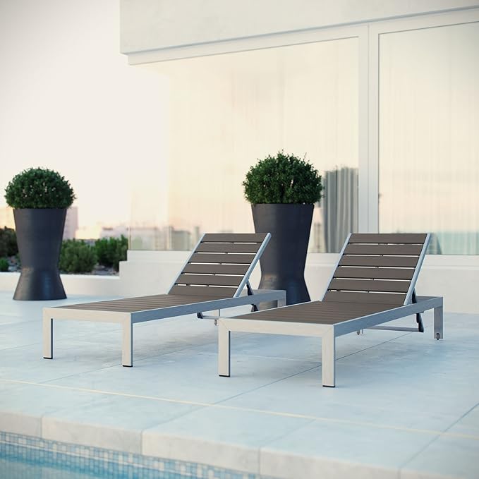 Modway Shore Aluminum Outdoor Patio Poolside Two Chaise Lounge Chairs in Silver Gray - Photo 2