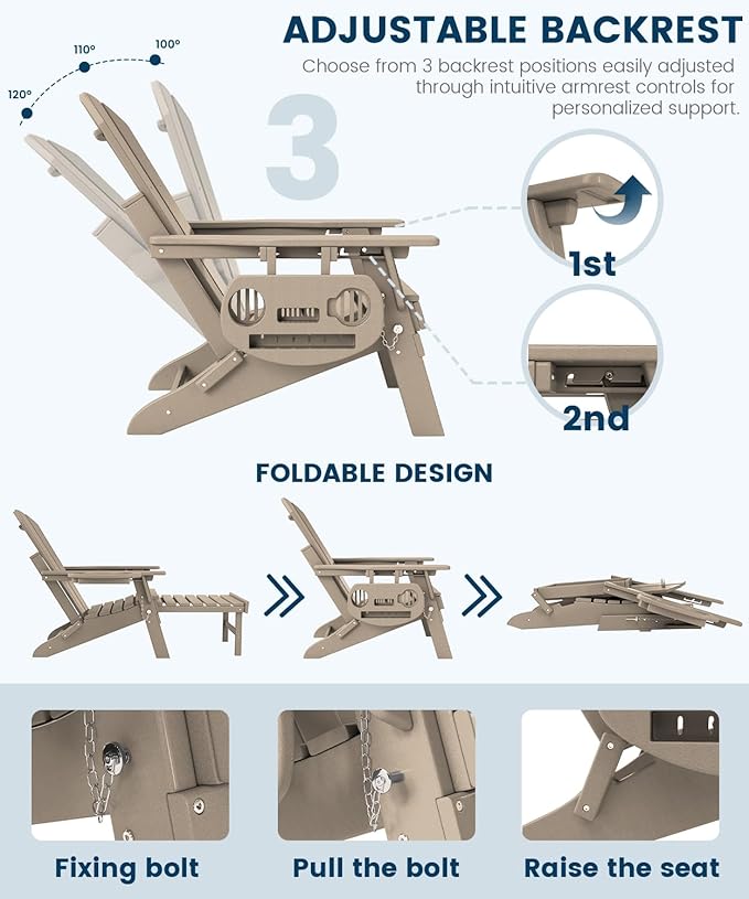 FOOWIN Folding Adjustable Adirondack Chair with Retractable Ottoman, HDPE Adirondack Chair w/4 in 1 Cup Holder Trays,All-Weather Resistant Fire Pit Chair for Outdoor Patio Lawn, Brown