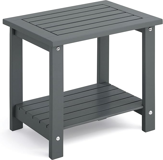 2-Tier Adirondack Outdoor Side Table, 16.6" Acacia Weather-Resistant End Table with Shelf for Patio, Garden, Lawn, Living Room (Grey)