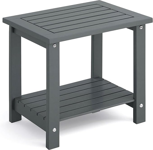 2-Tier Adirondack Outdoor Side Table, 16.6" Acacia Weather-Resistant End Table with Shelf for Patio, Garden, Lawn, Living Room (Grey)