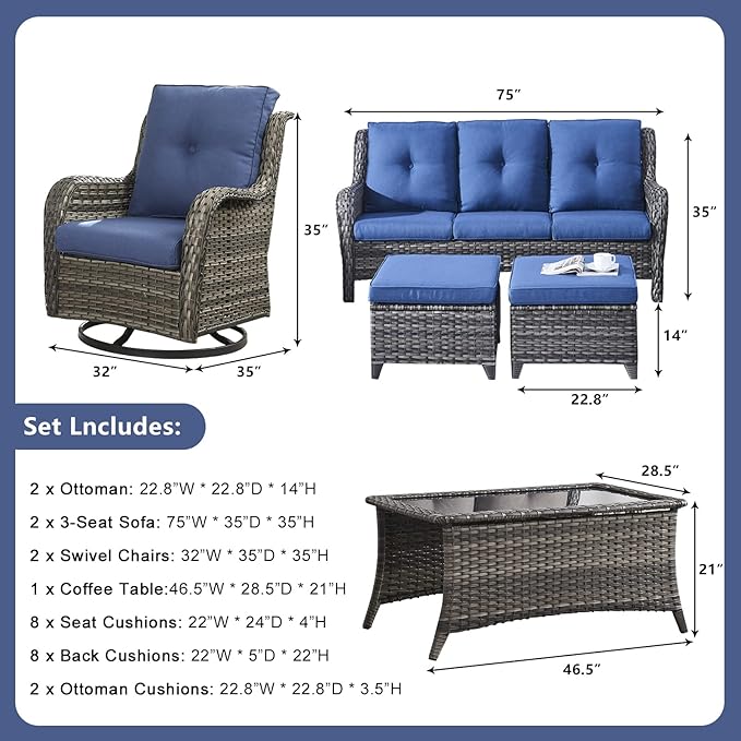 Rilyson Wicker Patio Furniture Set - 7 Piece Rattan Outdoor Sectional Conversation Sets with 2 Rocking Swivel Chairs - Photo 3