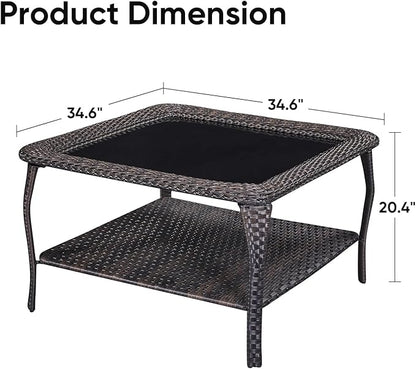 Rilyson Patio Tables Outdoor Coffee Table - Wicker Rattan Coffee Tables with 2-Tier Storage Shelf Glass Top for Proch Deck Balcony Garden Squre Brown