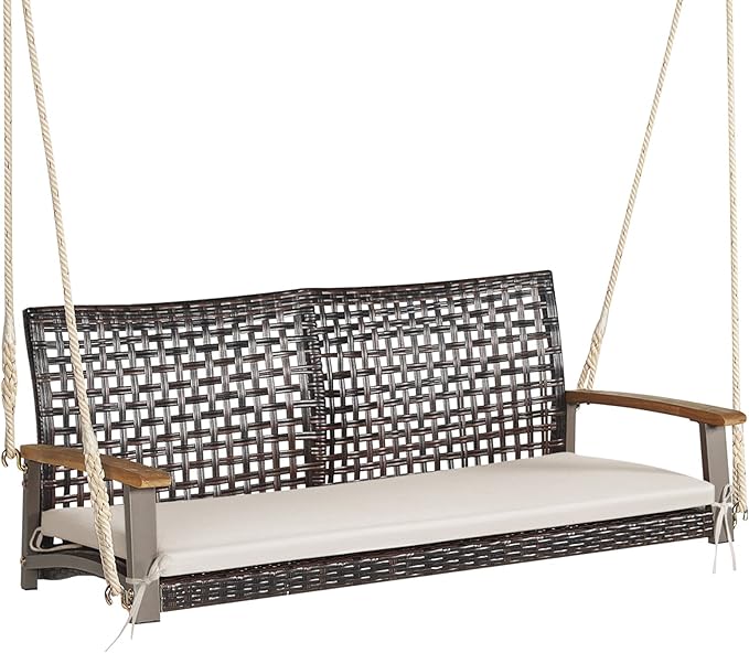 RELAX4LIFE 2-Seater Outdoor Porch Swing - PE Wicker Porch Loveseat Swing with 118” Hanging Ropes - Photo 1
