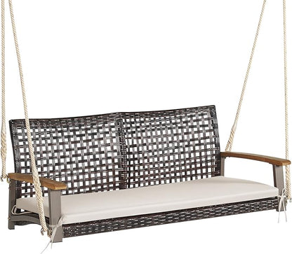 RELAX4LIFE 2-Seater Outdoor Porch Swing - PE Wicker Porch Loveseat Swing with 118” Hanging Ropes, Comfortable Cushion & Acacia Wood Armrests, Hanging Swing Bench for Porch, Garden, Yard (Off White)