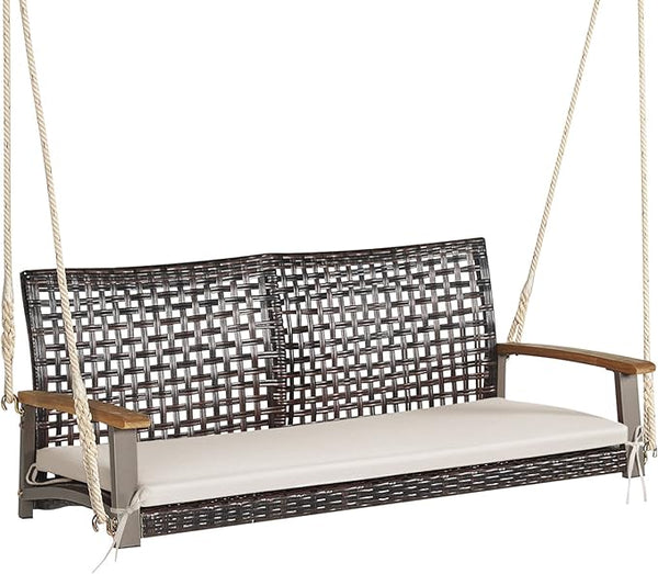 RELAX4LIFE 2-Seater Outdoor Porch Swing - PE Wicker Porch Loveseat Swing with 118” Hanging Ropes, Comfortable Cushion & Acacia Wood Armrests, Hanging Swing Bench for Porch, Garden, Yard (Off White)