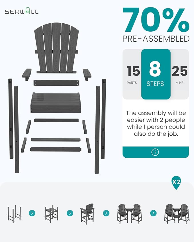 SERWALL Tall Adirondack Chairs Set of 2 with Double Layer Connecting Tray, HDPE Bar Height Outdoor Chairs - Photo 7