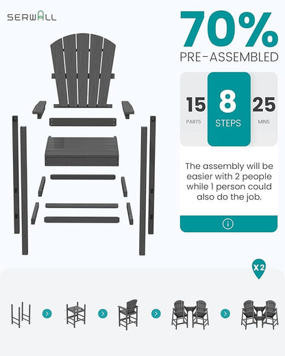 SERWALL Tall Adirondack Chairs Set of 2 with Double Layer Connecting Tray, HDPE Bar Height Outdoor Chairs, Wood-Like Adirondack Bar Stools for Patio, Balcony, Porch, Grey