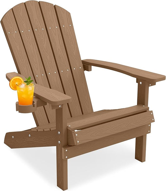 YEFU Adirondack Chair Weather Resistant: Outdoor Chair HIPS Plastic Adirondack Chairs - Patio Chairs with Cup Holder & Wood Texture - Lawn Fire Pit Deck Porch Garden Chairs for Adults (Teak)