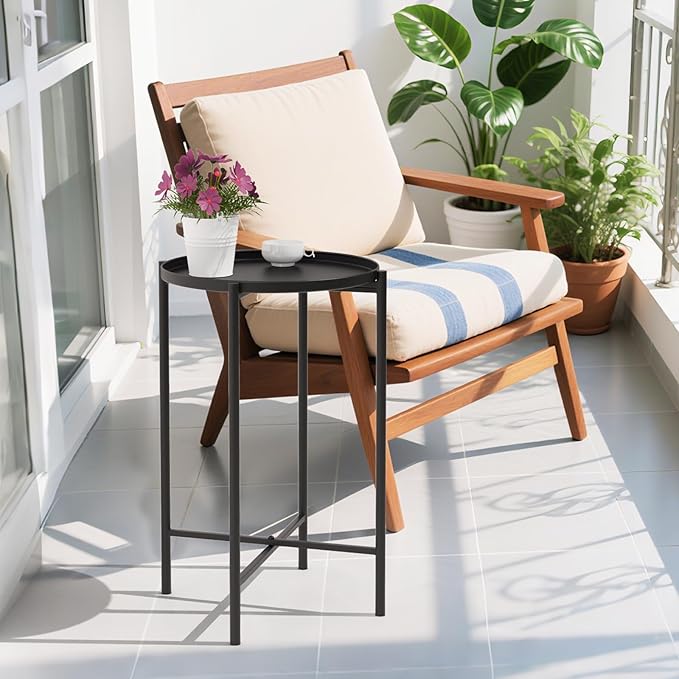 VINGLI Round Metal Side Table with Removable Tray, Outdoor Patio Coffee Table, Waterproof End Table for Small Spaces, Outdoor Patio, Living Room, Bedroom, Balcony (X-Brace & Non-Slip Pads) (1, Black)