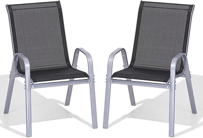 Patio Chairs Set of 2, Easily Set Up Stackable Outdoor Dining Chairs with High Back and Wide Seat, All Weather Breathable Outdoor Chairs Set of 2 with Metal Frame for Backyard Deck Pool, Black