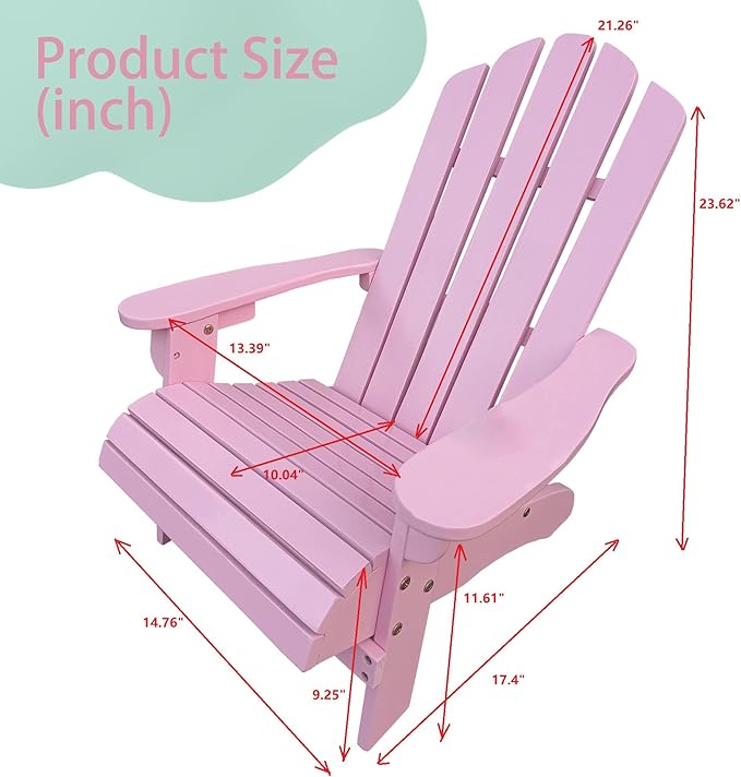ROSE BLOOM Kids Adirondack Chair, Solid Wood Outdoor Patio Weather Resistant Chair for Children, Classic seat for Deck, Garden, Backyard, Porch and Lawn (Pink)
